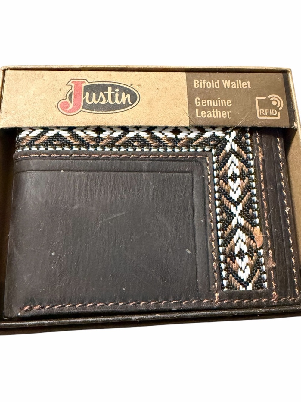Justin Boots Brown Leather Bifold Wallet with Patterned Fabric Trim